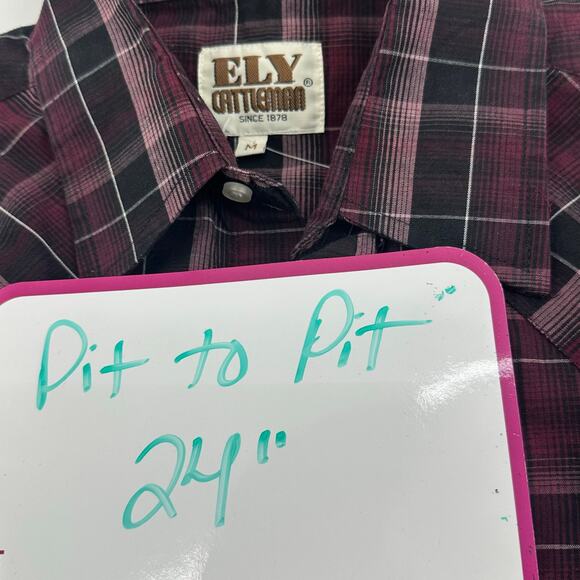 Vintage Ely Cattleman Western Shirt Mens Medium Pearl Snap Burgundy Black Plaid - Picture 6 of 6
